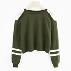 Уличная одежда, укороченный топ с открытыми плечами, женский короткий свитшот в белую полоску, Корейская толстовка, с длинными рукавами, с круглым вырезом