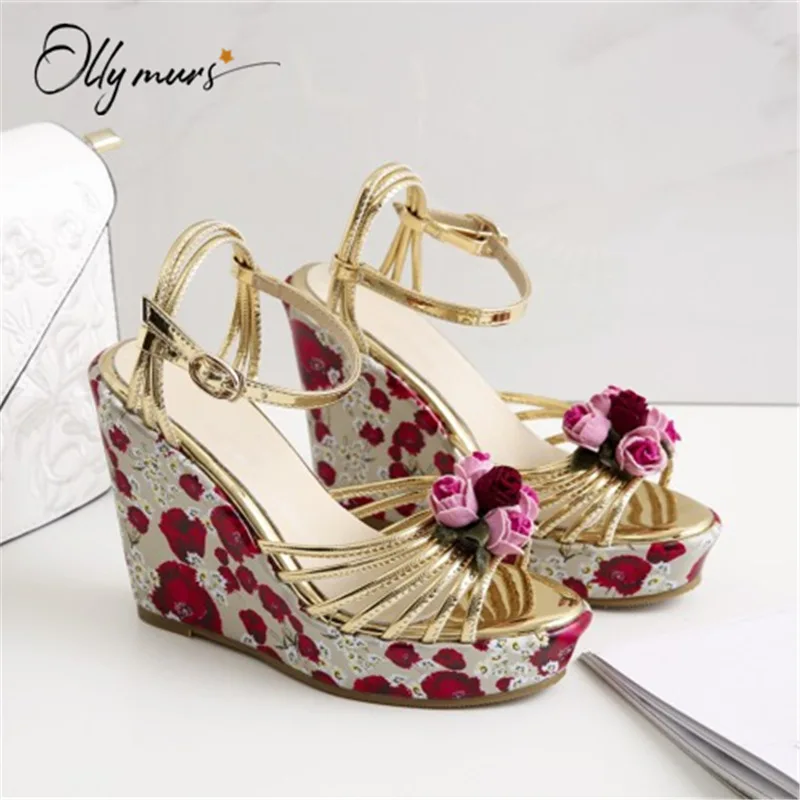 

OllyMurs Fashion Style Gold Genuine Leather Women Summer Sandals Sexy Open Toe Flowers Buckle Women Platform Sandals Shoes Woman