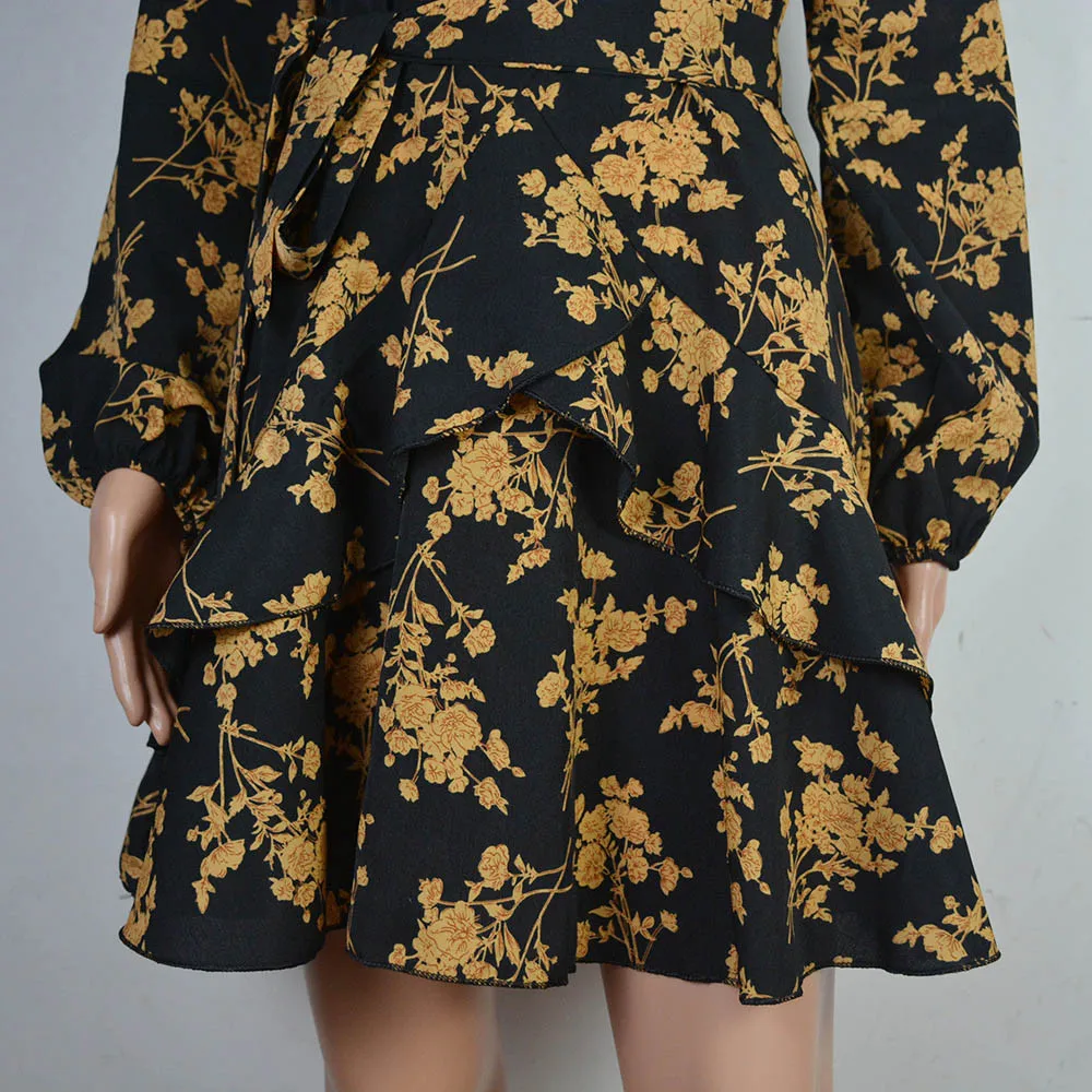 

Women Floral Leaf Printed Fashion Dress Ladies Long Sleeve V-neck Belted Sexy Autumn Dress Female Beach Casual Mini Dress