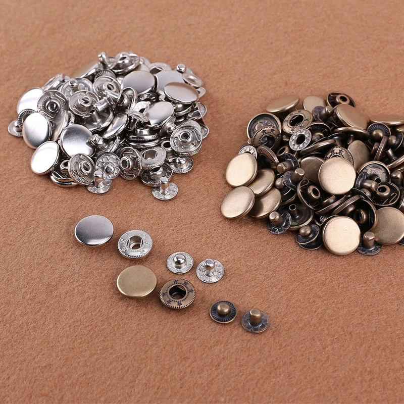 Металлические кнопки + набор инструментов для кожи 25 шт серебро бронза 15