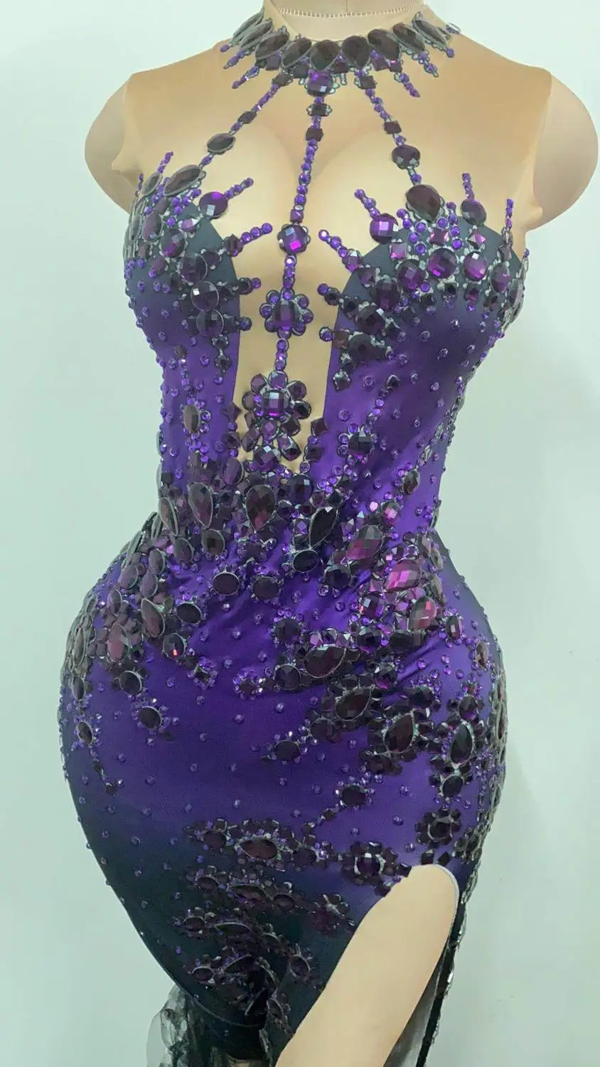 

Sparkly Purple Rhinestones Purple Dresses for Women Sexy Nightclub Long Big Tail Dress Costume Prom Birthday Celebrate Dresses
