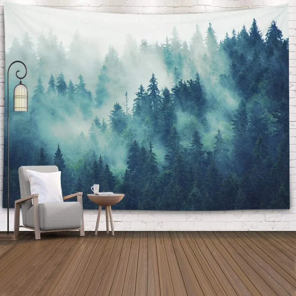 Gray Landscape with Fir Forest Style Tapestry Background Wall Covering Home Decoration Blanket Bedroom Wall Hanging Tapestrie