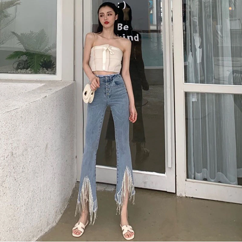 

autumn 2021 Spring High-waist Slim Fringed Beaded Diamond Jeans women blue Ladies Single-breasted High Street Denim Pants KZ290