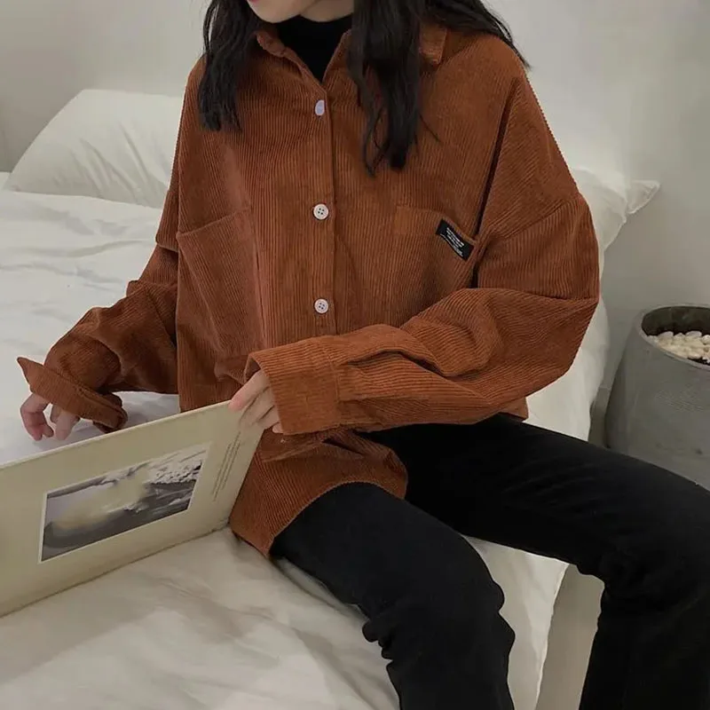 

Lucyever Vintage Brown Women's Corduroy Shirt 2021 Autumn New Long Sleeve Casual Blouse Female Large Size Loose Blouses Lady Top
