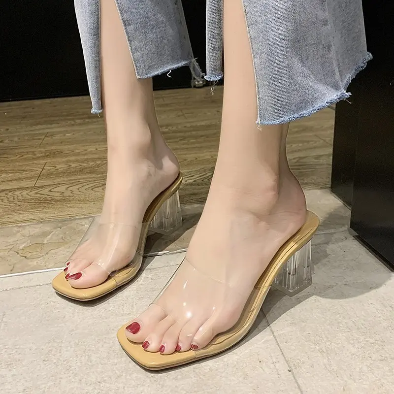 

Women Slippers Outdoor Fashion Transparent Heel Sandals Ladies High Heels Square Toe Sandal Pump Shoes Mules Large Size 42 43