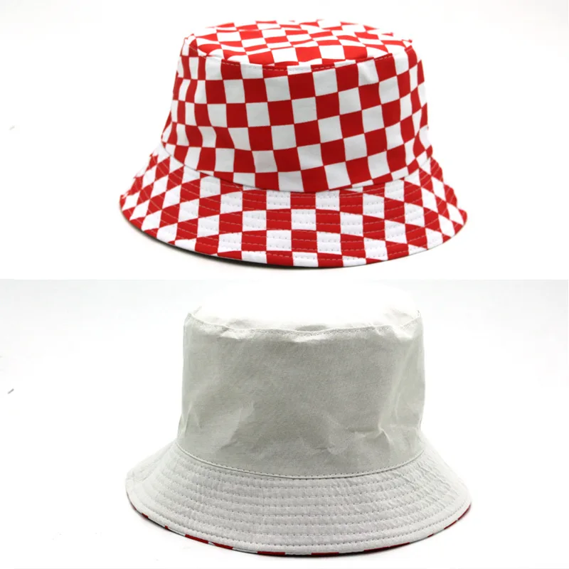 

Korean Version of The Wild Black and White Lattice Double-sided Bucket Hat for Men and Women Outdoor Sun Basin Hat Wholesale