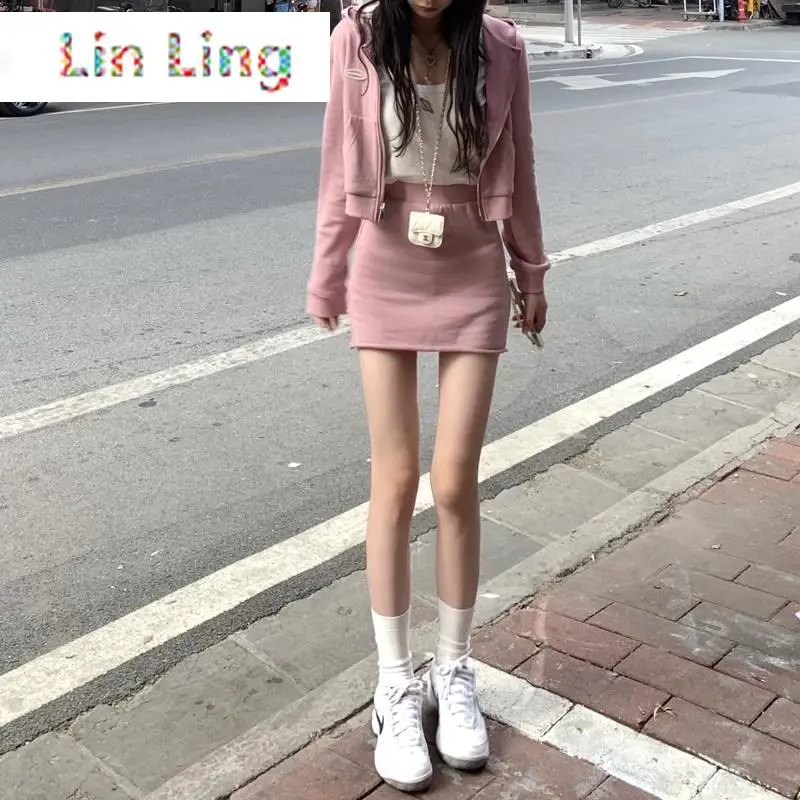 

Pink to Make You Younger Suit Slimming Casual Zipper Sweater Coat for Women Spring New Style Fried Street Slim Fit Short Skirt
