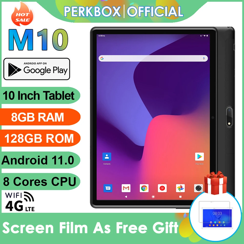 

Perkbox 10 Inch Tablet Android 11.0 OS Octa Core CPU 8GB RAM 128GB ROM 1280x800 IPS Dual 4G LTE Network WiFi GPS 6000mAh Pad