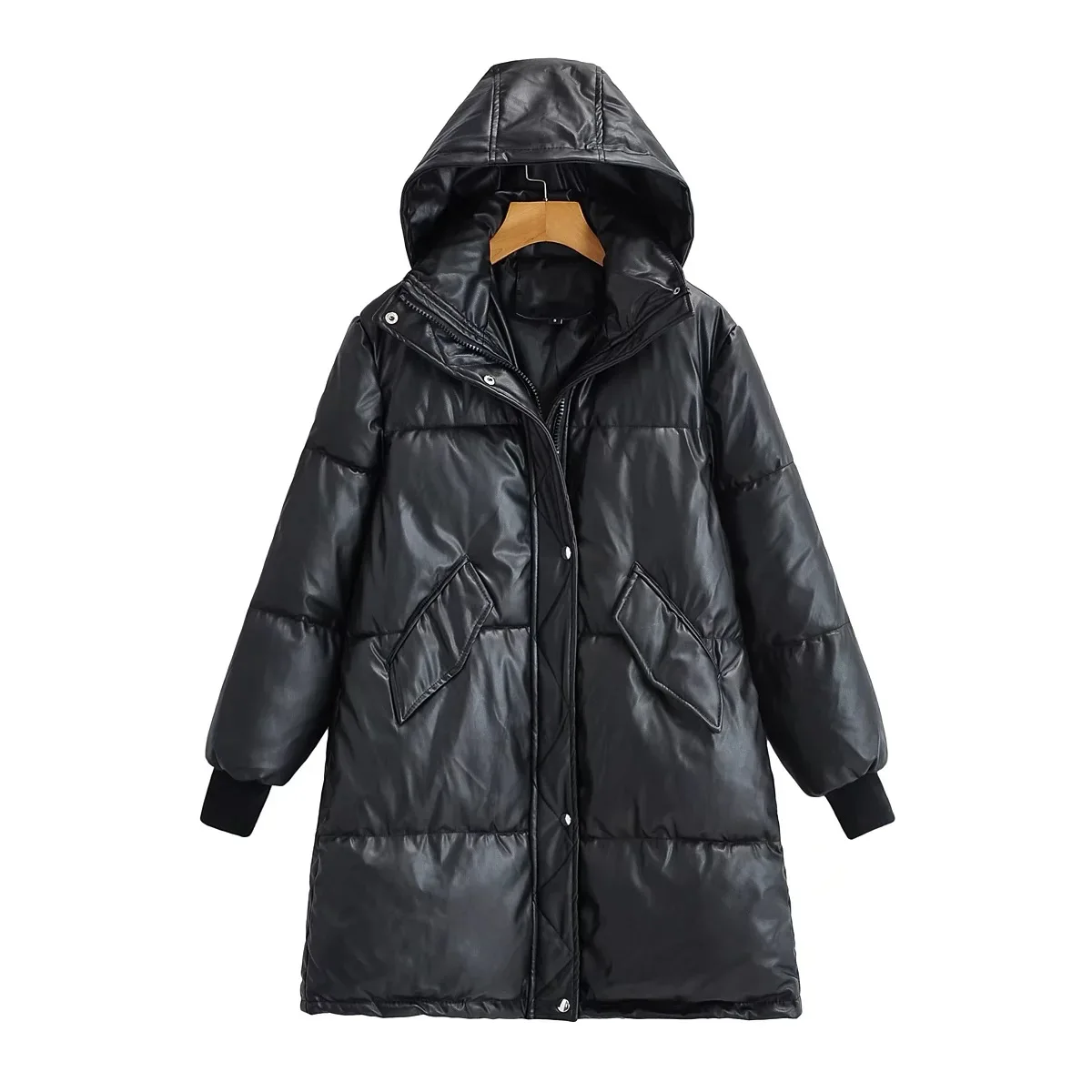 

Thick Leather Womens Coat Winter New Fashion Hooded Warm PU Leather Mid Length Cotton Jacket for Women