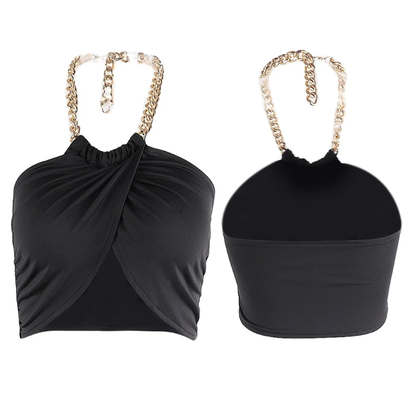 

Women Sexy Metal Chain Halter Crop Top Sleeveless Ruched Wrapped Chest Camisole LX9E