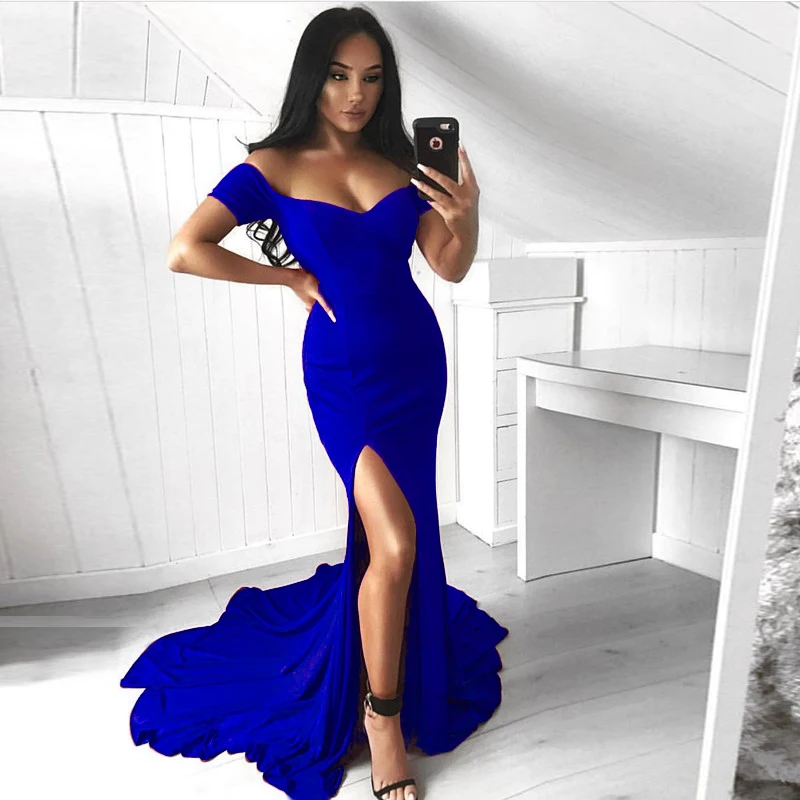 

Sexy Mermaid Evening Dresses Cheap Off the Shoulder Sweetheart Side Split Sweep Train Robe De Soiree Prom Dress