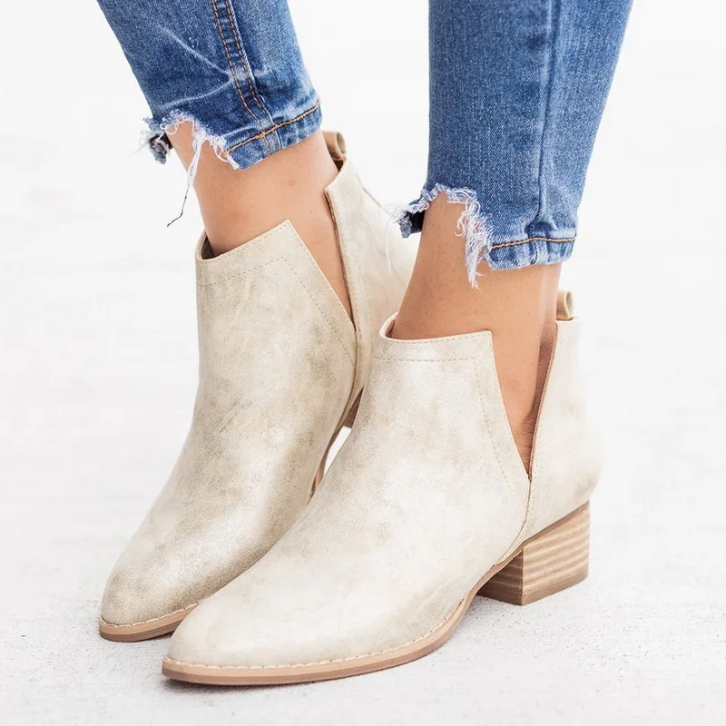 Slip On Women Ankle Boots Pointed Toe PU Leather Low Heels Shoes Woman Booties Sexy High Heels Size 35-43