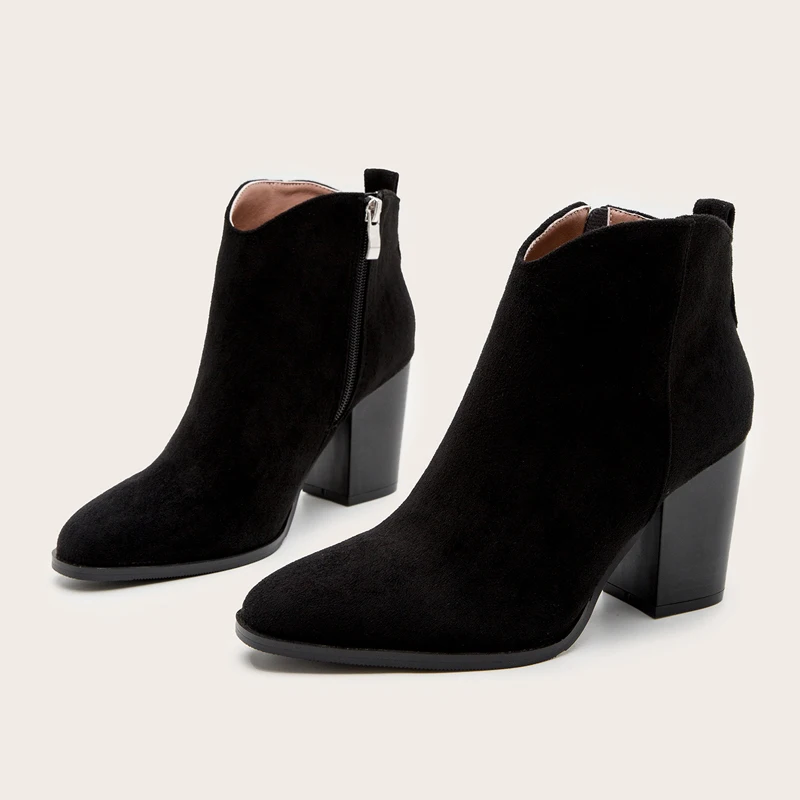 

2020 Autumn Faux Suede Ankle Boots Women High Heel Side zipper High top Block Heel Short Western Cowboy Booties Shoes