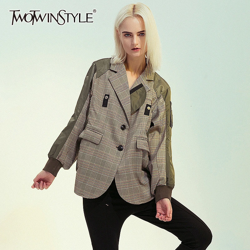 Женская клетчатая куртка TWOTWINSTYLE свободная с отложным воротником и длинными