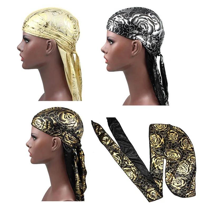 Custom Men's Print Silky Durags Turban Hat Bandanas Headwear Rose Printed Men Silk Durag Long Straps Waves Hair Accessories