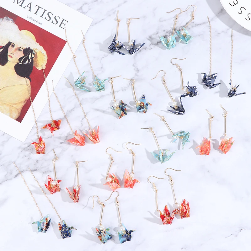 

1 Pair Origami Crane Earrings Gold Color Sweet Japanese Long Paragraph Tassel Earrings Fashion Earrings Ear Clips