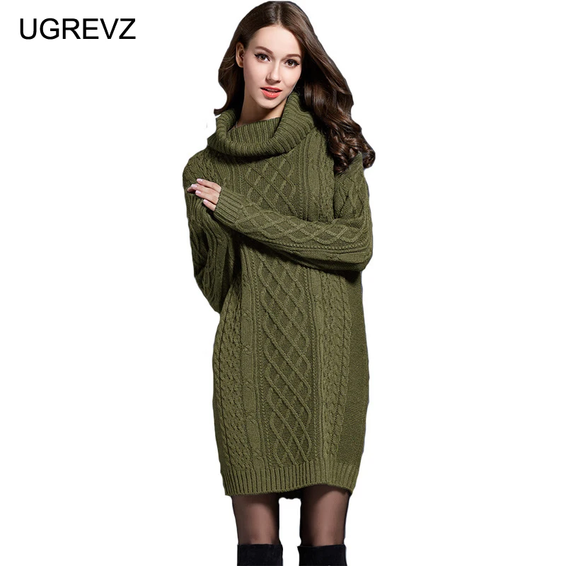 Женское длинное вязаное платье-свитер водолазка с воротником грубая нить свитер