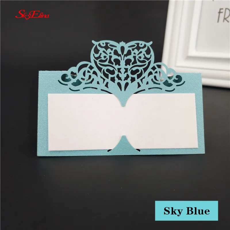sky blue 10/50/100 шт. Свадебные карточный стол Бумага лазерная резка стол в форме сердца визитная карточка места Свадебная вечеринка украшения пользу место карты - Цвет: sky blue