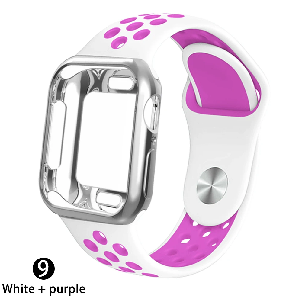 Чехол+ ремешок для apple Watch 5 ремешок 42 мм 38 мм 40 мм 44 мм спортивный силиконовый браслет для apple iwatch series 5 4 3 2 1 Аксессуары - Цвет ремешка: White    purple