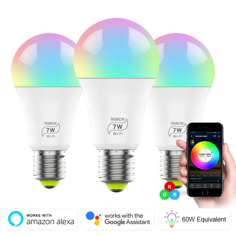 

7W WIFI Smart Light Bulb E27 LED RGB Lamp Work With Alexa/Google Home RGBCW Dimmable Smart Light Bulb Timer Voice Control