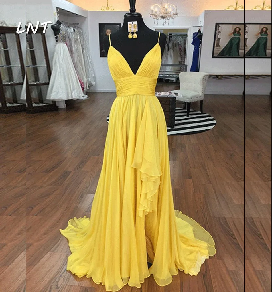 

Spaghetti Straps V Neck Long Yellow Evening Gown with Draping Skirt Long Formal Pageant Dress