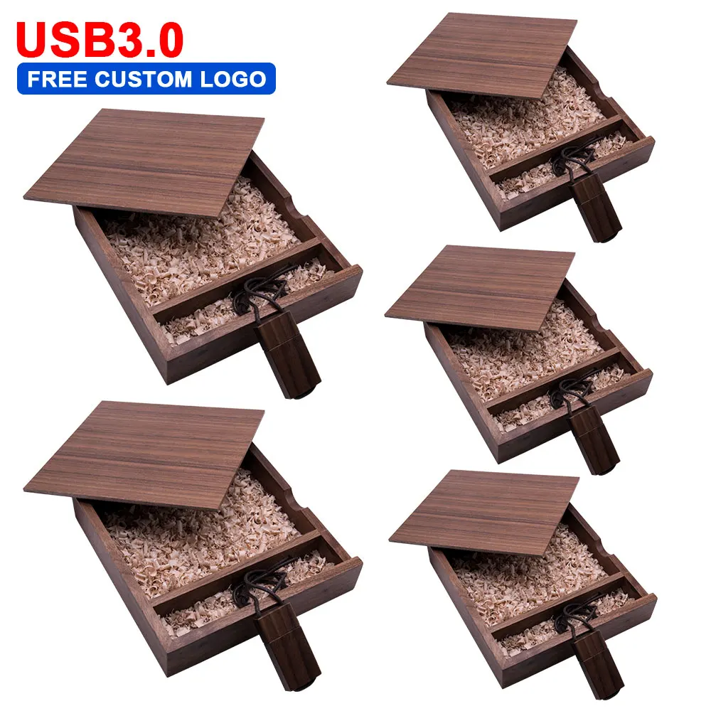 

5PCS/lot Free Custom Logo Wooden Usb3.0 + Box Pendrive 8GB 16GB 32GB 64GB 128GB Usb Flash Drive U Disk Memory Stick Wedding Gift