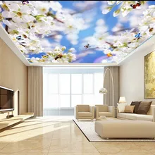 Fresh white flower branch living room bedroom ceiling mural Living Room Bedroom Ceiling Background Wallpaper 3D Mural