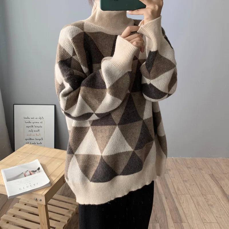 Зимний винтажный свитер с высоким воротом Arcyle, вязаные пуловеры, Женский Повседневный джемпер для ленивых, женский толстый Свободный Трикотаж