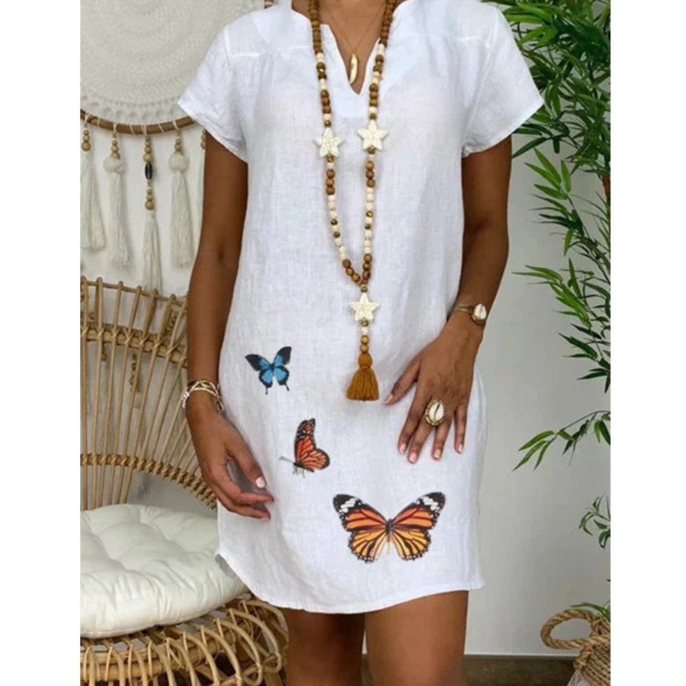 

Lugentolo Plus Size Dress Women Summer Fashion Print Short Sleeve V-neck High Waist Linen Womens Mini Dresses