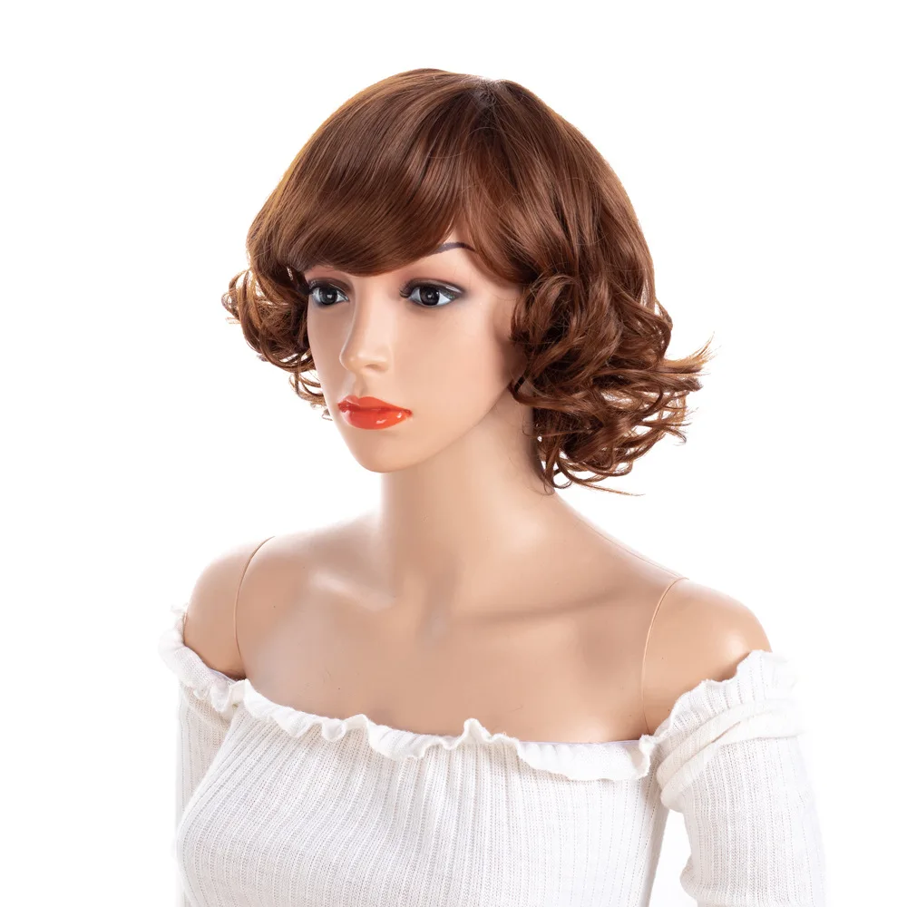 

Synthetic Women's Wigs Short Wavy Synthetic Brown Hair Wigs With Bangs For White Women Heat Resistant BY173