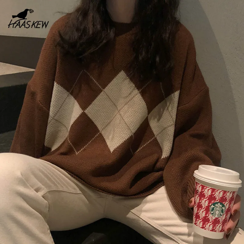 

Женский вязаный свитер HAASKEW, модный новый пуловер большого размера, женский свитер, зимний теплый Свободный пуловер в полоску с длинным рука...