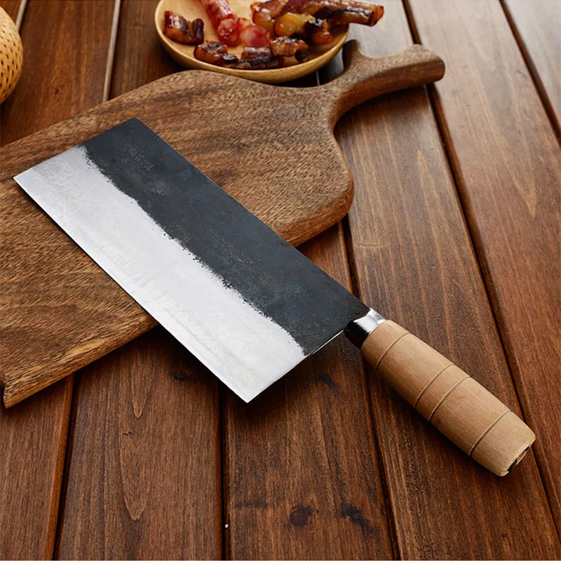 QS Forged Carbon Steel Kitchen Cleaver Cutting Meat Knives Hotel Special Mulberry Knife Cooking Tool Multi-purpose Cutter