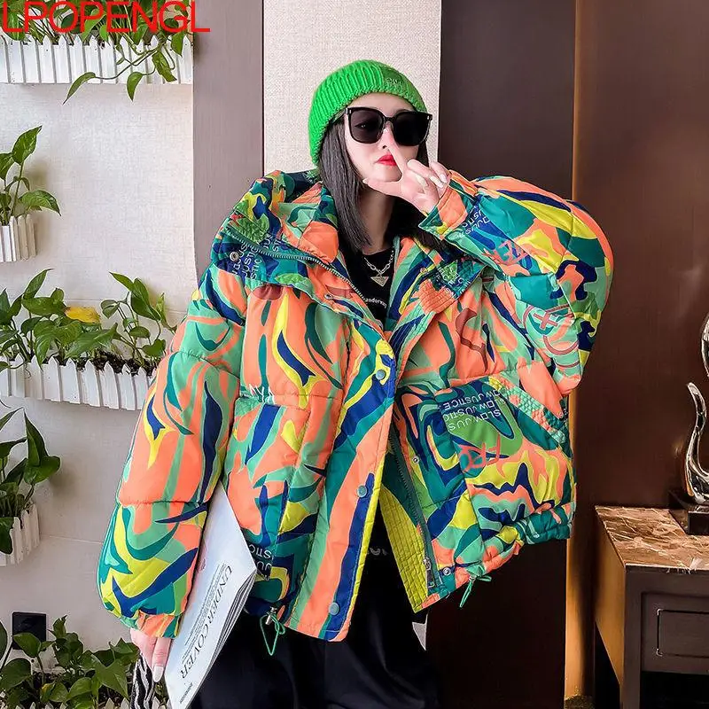 Warm Winter Cotton Jacket Women 2021 Graffiti Print Fashion Hooded Short Parka Coat Girls Thick Streetwear Hip-hop Padded Jacket