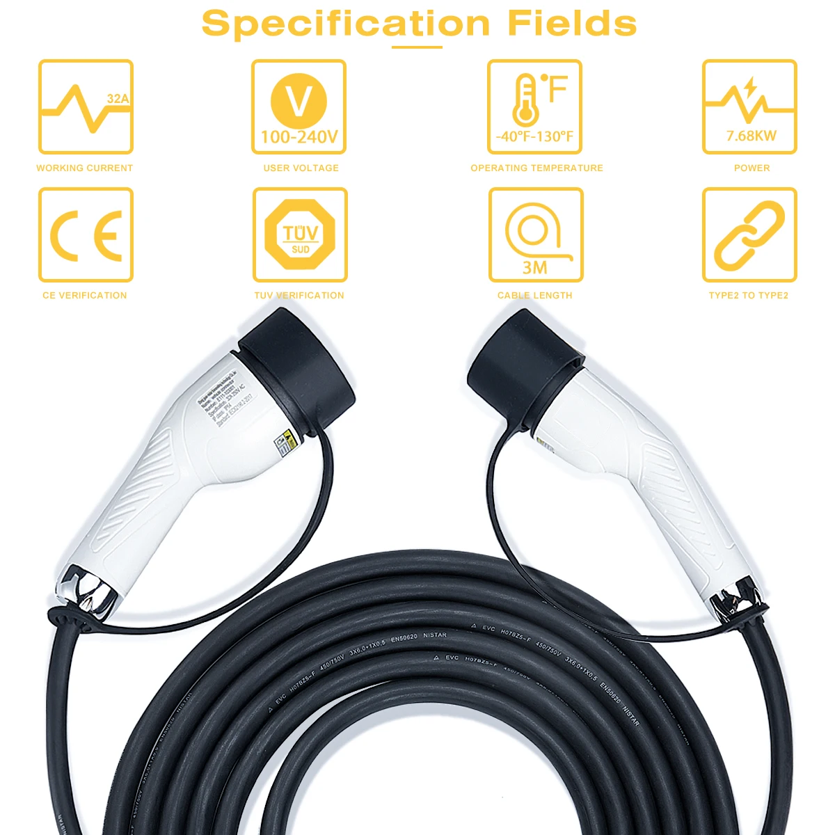 

32amp type 2 to type 2 plug electric car charger IEC 62196-2 EV charging cable fast AC car charger connector