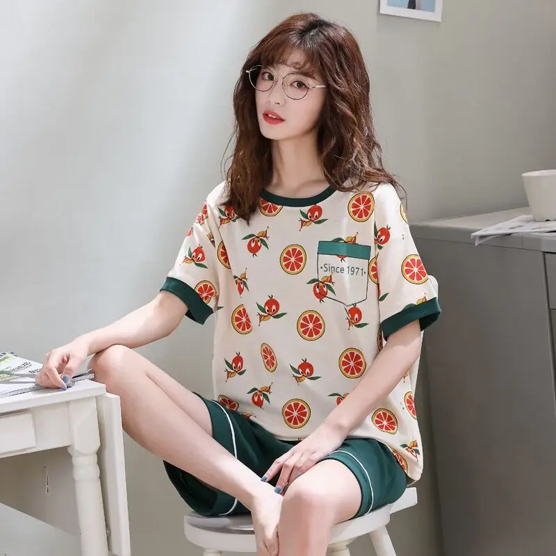 

3XL 2021 New Short Sleeve Pajamas Set for Women Cotton Sleepwear 2Pcs Nightwear Cute Print Home Wear Summer Lounge Pyjamas Femme