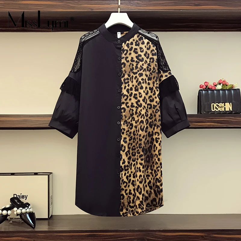 

L-4XL Plus Size Women High Street Fashion Lace Long Sleeve Shirt Dress Autumn 2021 Single Breasted Leopard Patchwork Loose Dress