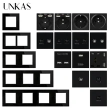 UNKAS Black Glass Panel Modules DIY Combination Free Matching French EU Socket Dual USB TV RJ12 Telephone RJ45 Computer Outlet