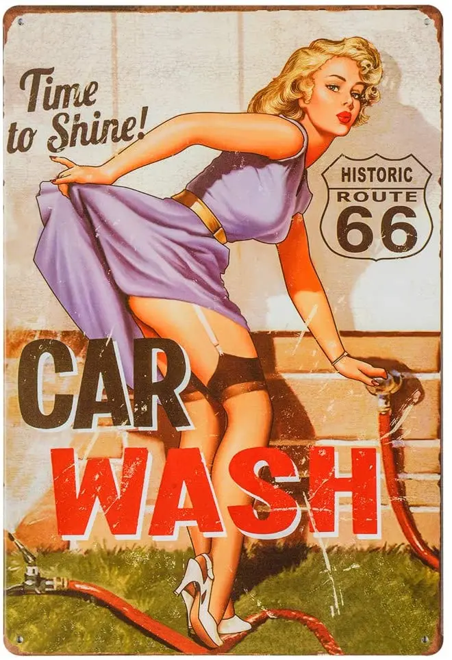 

dingleieverVintage Tin Sign for Garage Retro Decor Metal Poster Pinup Girl Plaque Full Service Car Wash