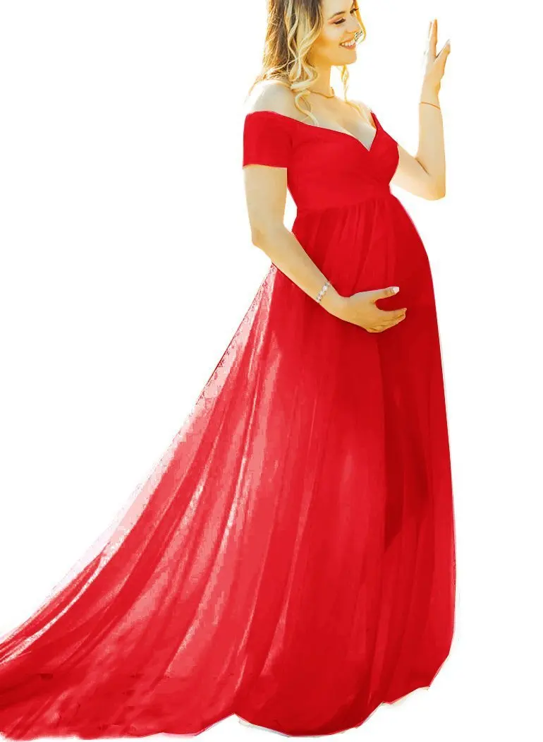 

Elegant Maternity Dresses for Photo Shoot Sexy V Neck Off Shoulder Pregnancy Photography Dress Pregnant Women Party Maxi Dress
