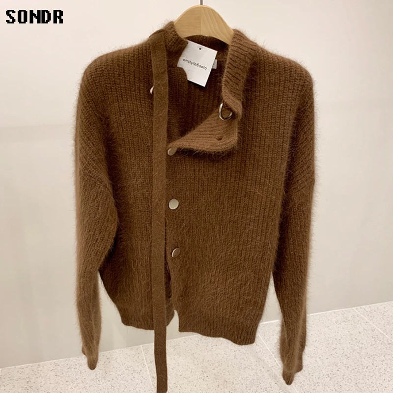 

Korean One-Piece Cardigan Sweater 2020 Autumn Winter Fashion Blue Half High Neck Tie Mink Velvet Thick Knitted Sweater Female