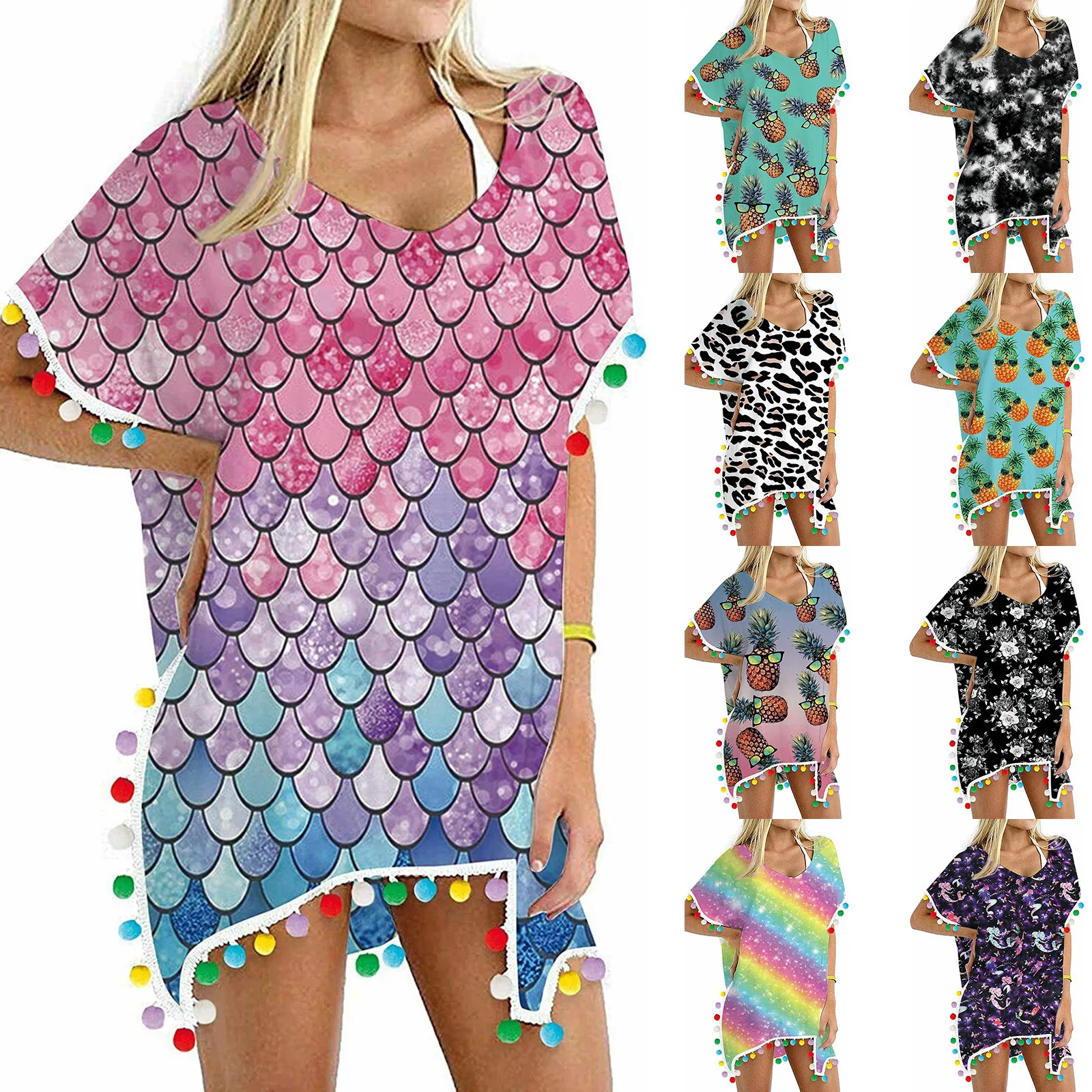 

Swimsuit Hot Selling Women summer Trim Kaftan Chiffon Tassels Swimwear Beach Loose Bikini Cover Up Tops кђпалники женские 2021