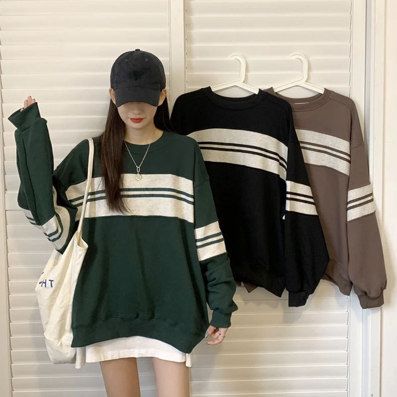 

9399 Women Chic Striped Patchwork Sweatshirt Korean Style Autumn Streetwear Loose Simple o-Neck All-Match Female Pullover Coats