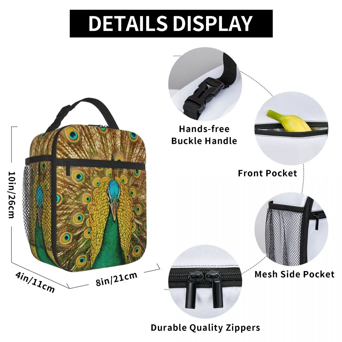 

Peacock Bird Lunch Bag for Women Men Large Insulated Lunch Box with Water Bottle Holder and Pockets