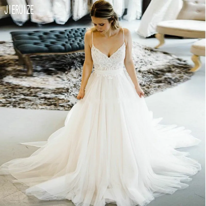 

JIERUIZE Elegant Boho Wedding Dresses Spaghetti Straps Appliques With Bow Cheap A Line Bridal Gowns Backless robe de mariee