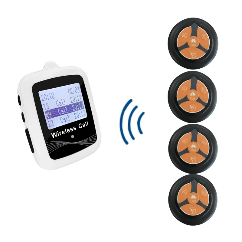 

Fast Food Restaurant Pager System 1 Watch Receiver White Or Black+4 Four Keys Call Buttons Transmitter