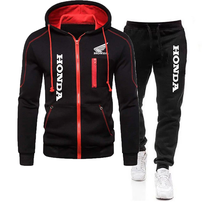Trend Men's Tracksuit Honda Logo Print Zipper Pullover Hooded Sweatshirt&Pants 2 Piece Sports Suit Jogging Fitness Men Clothing