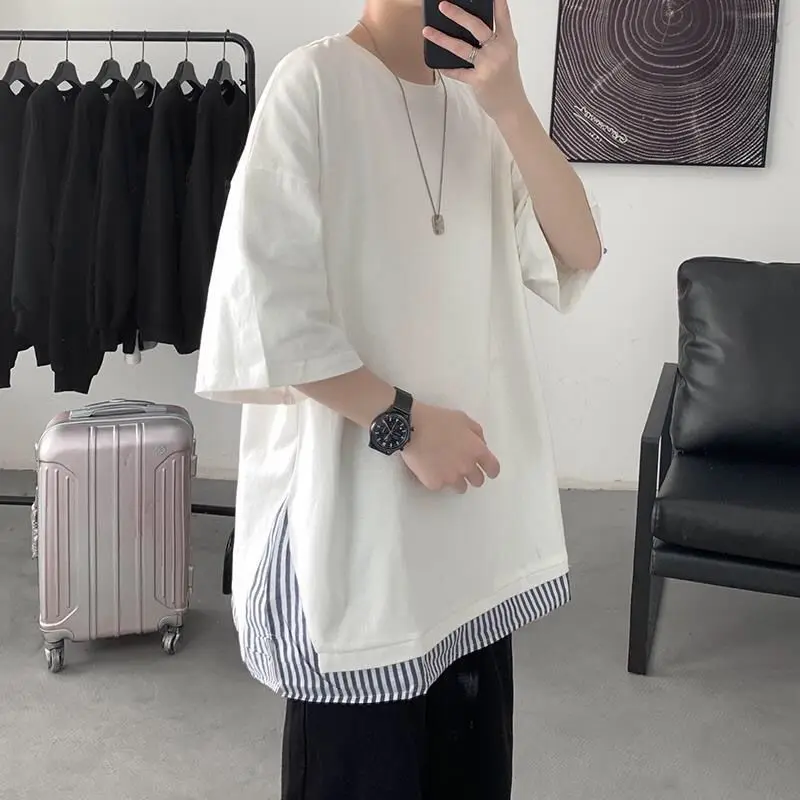 

100% Cotton Fake Two Piece Orangr Striped Patchwork Men T Shirt Short Sleeve O Neck Summer Tops Korean Harajuku Fashion Clothing