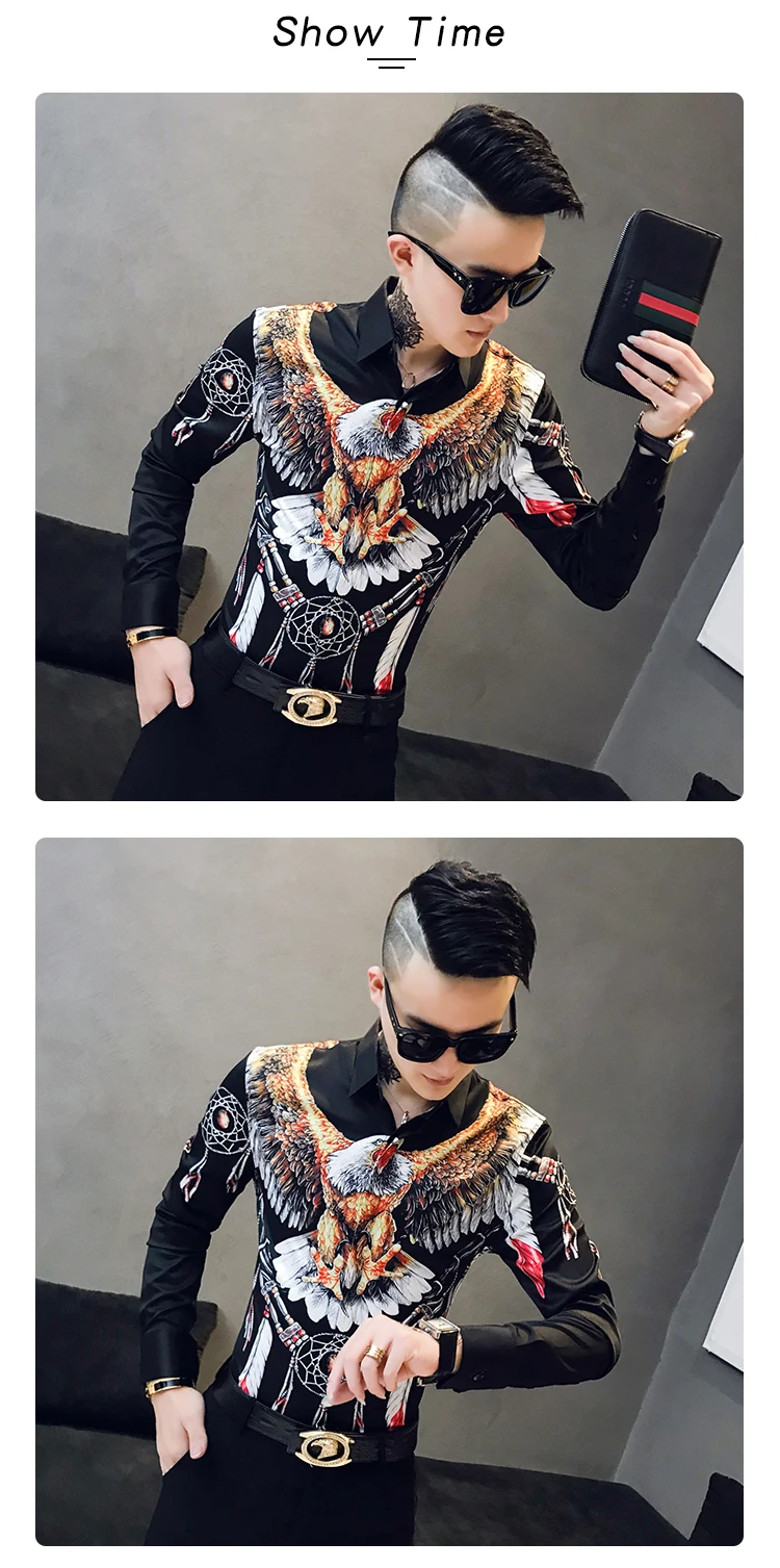 Осенняя мужская Модная приталенная рубашка с коротким рукавом Camisa Masculina, Повседневная Уличная Мужская рубашка с принтом орла