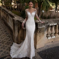 vestidos elegant wedding dresses netting appliques crystal v neck full sleeve covered button mermaid bridal gowns