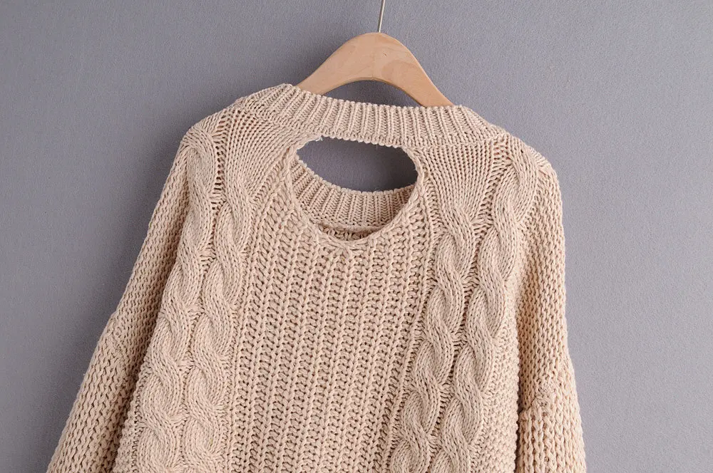 Casual Coarse Needle Knitting Sweater Back Hollow Out Yellow 2019 Autumn Winter Knitted Tops Loose Pullovers | Женская одежда